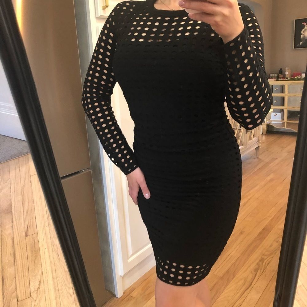 Alexander Wang  Black Stretch  Mini Dress Size M  Net BodyCon Long Sleeve